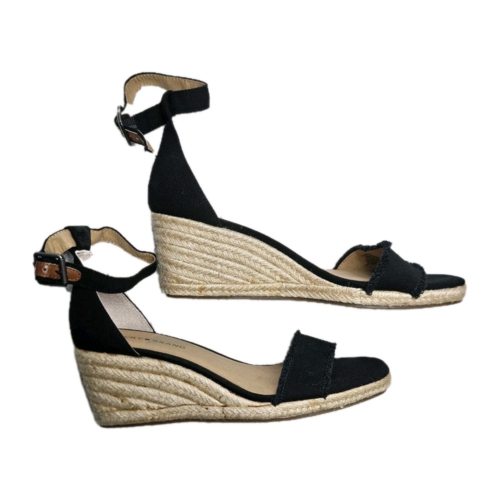 Lucky Brand Sz 10 Marceline Wedge Heel Espadrille Sandals Black Canvas Adj Strap
